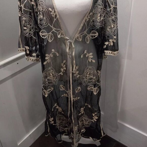 Embroided Lace Sheer Women Robe Kimono Cover Up Duster - Picture 2 of 8